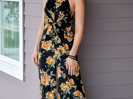 Moon Black Floral Print Jumpsuit Discount