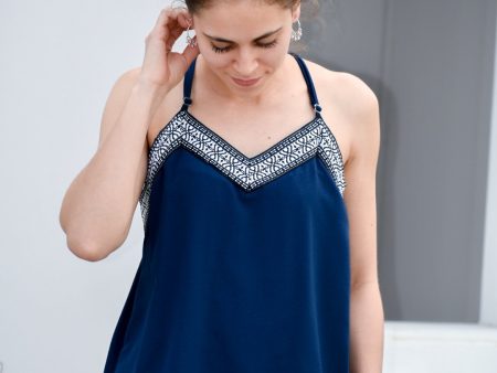 No Routine Navy Embroidered Spaghetti Top Discount