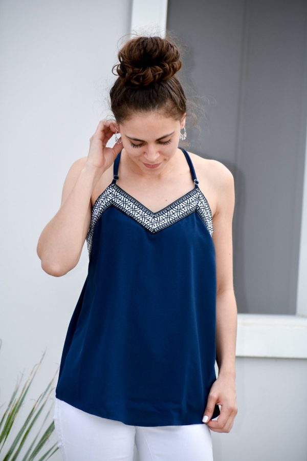 No Routine Navy Embroidered Spaghetti Top Discount