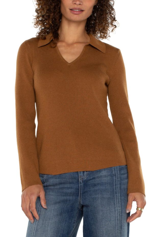 Long Sleeve  V Neck Collared Sweater Supply