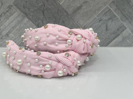 The Pink Seersucker Crystal & Pearl Top Knot Headband For Cheap