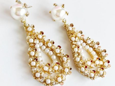 Pearl & Gold Flower Teardrop Statement Earrings For Sale