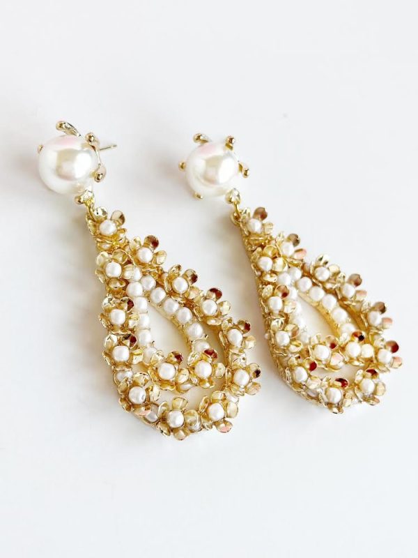 Pearl & Gold Flower Teardrop Statement Earrings For Sale