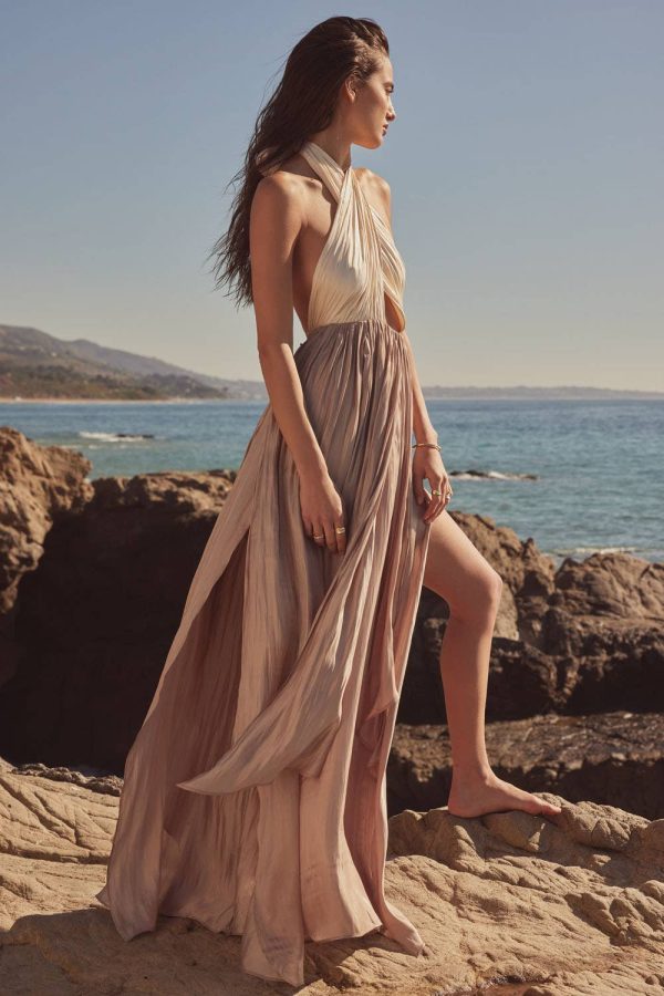 Grecian Goddess Satin Crisscross Halter Maxi Dress Sale