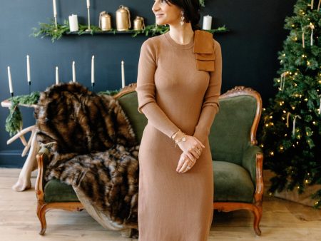 Mocha Shoulder Satin Bow Sweater Midi Dress on Sale