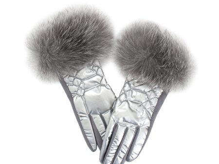 Shiny Puffer Glove Fox Trim Cheap