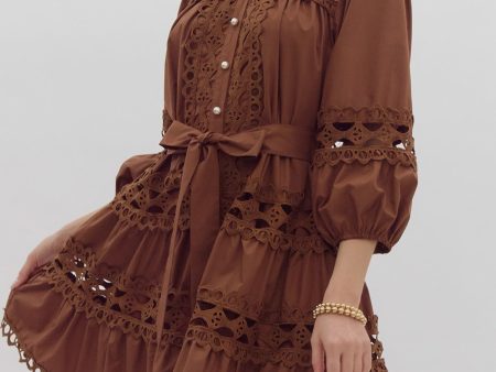 Brown Perle Crochet Detail Lace Mini Dress For Sale