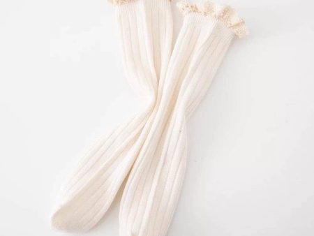 Vanilla Lace Trim Ribbed Knee Socks Online Sale