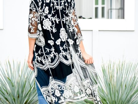 I Will Follow Black and White Embroidered Duster Cardigan on Sale