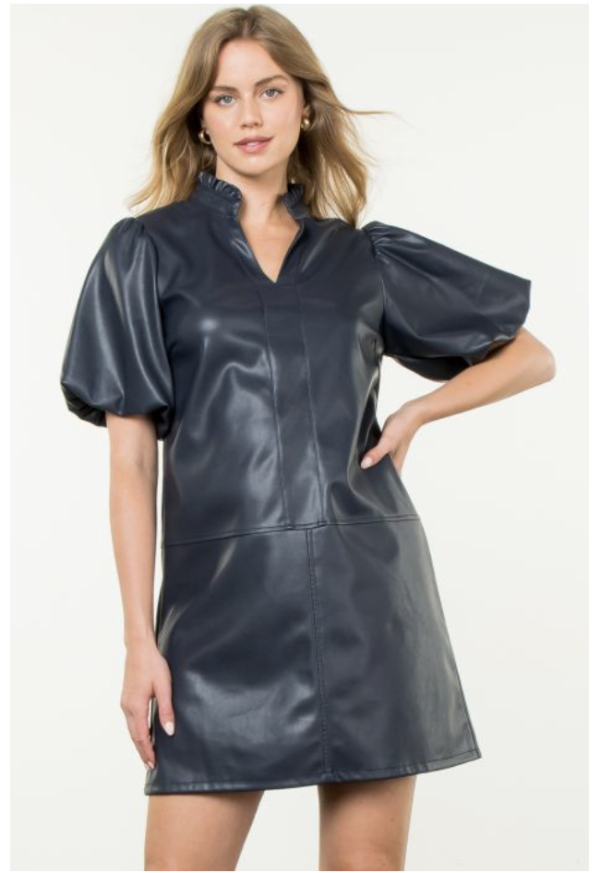 Puff Sleeve Collar Leather Dress Supply