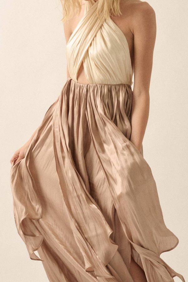 Grecian Goddess Satin Crisscross Halter Maxi Dress Sale