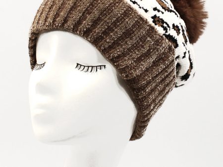 Leopard Printed Pom Pom Beanie For Sale