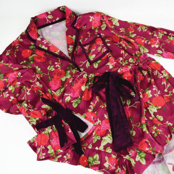 Burgundy Floral Satin Short PJ Set Cheap